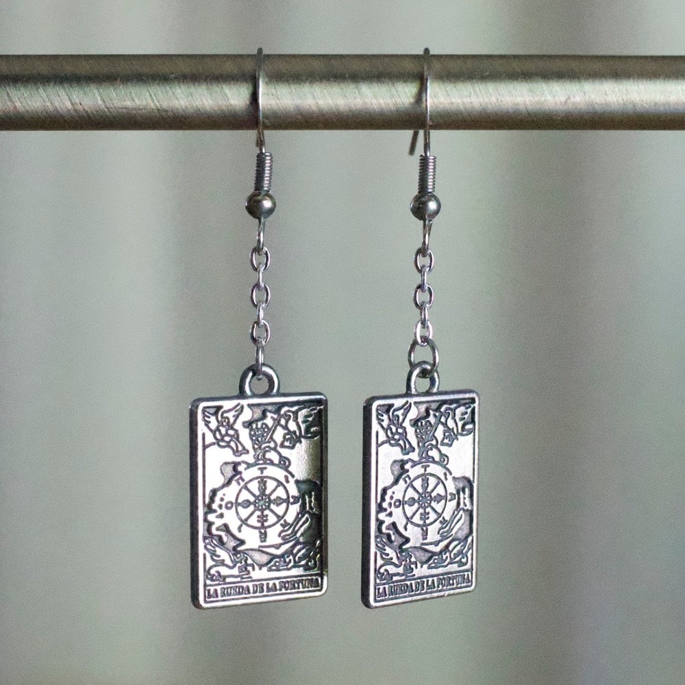 Handmade Wheel of Fortune Tarot Card Earrings Silver Tone La Rueda de la Fortuna